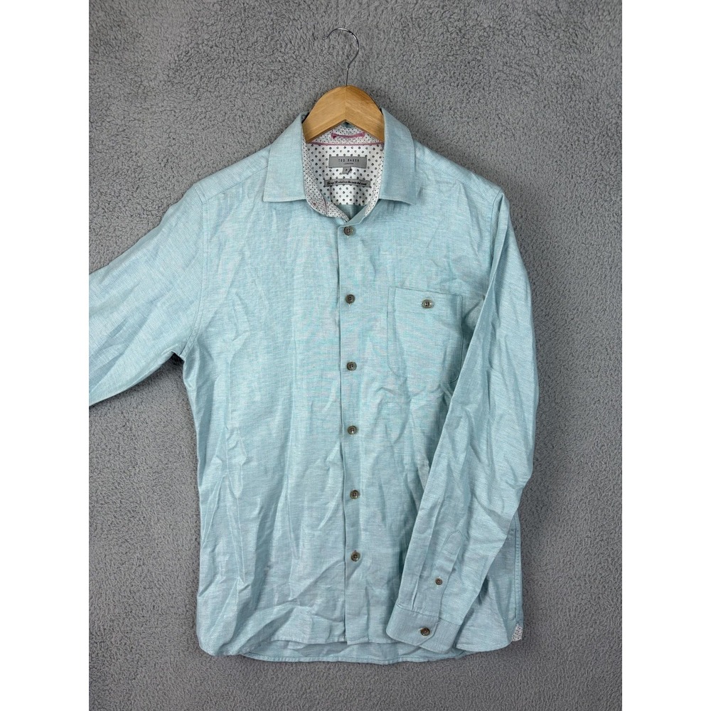 Ted Baker Shirt Mens Medium Blue Linen Cotton Herringbone Long Sleeve Button Men